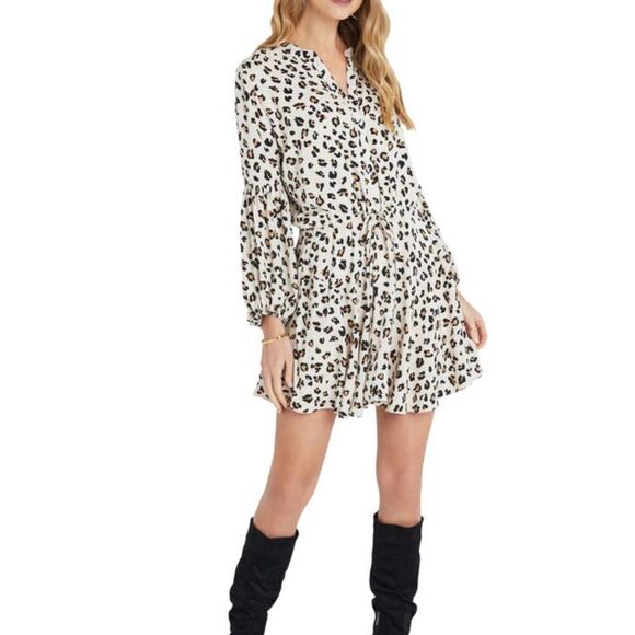 VICI TIE WAIST LONG SLEEVE DRESS IN TAUPE ANIMAL - Picture 1 of 6
